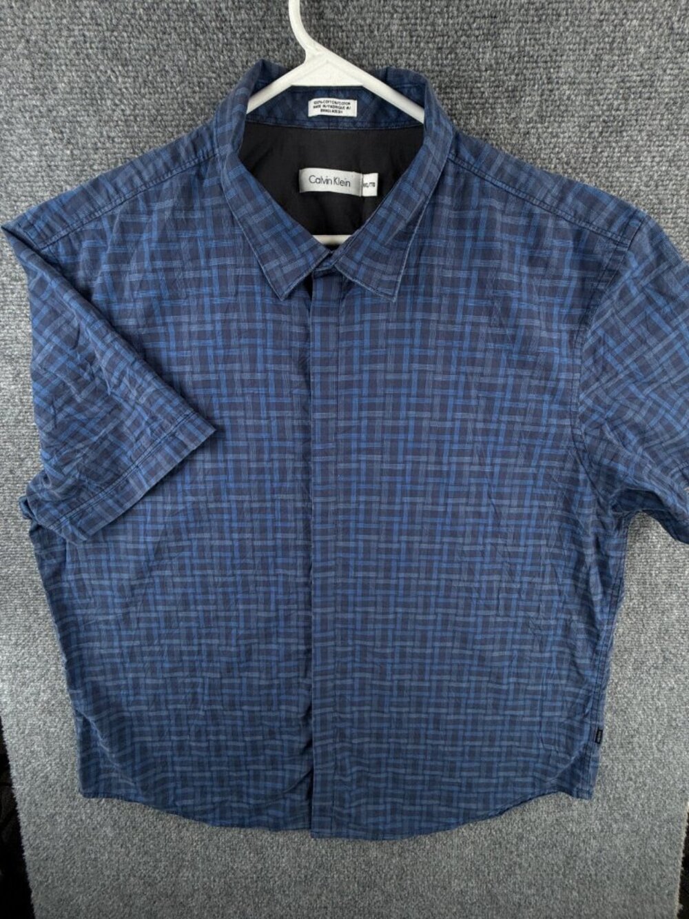 Calvin Klein Button Up Shirt Men Hidden Buttons Blue Plaid 2XL Short Sleeve